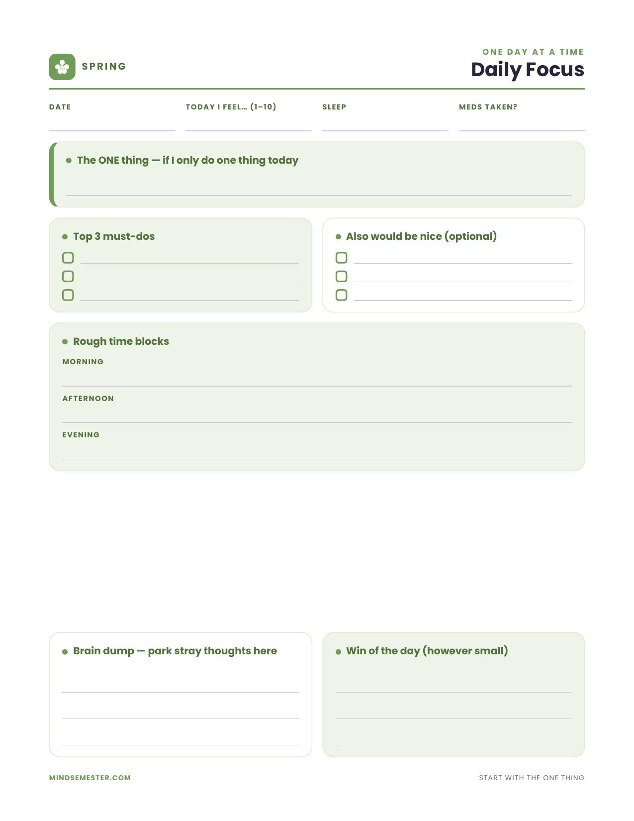 Free preview of the Spring semester Daily Focus page from Mind Semester